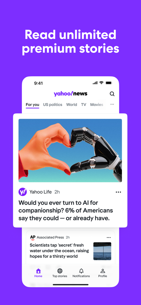 Yahoo News: Daily News For You - Yahoo ニュースアプリのインターフェイス。プレミアムパブリッシャーからの記事と、無制限の記事を読むことに関するヘッドラインが表示されたパーソナライズされたフィードを表示しています。