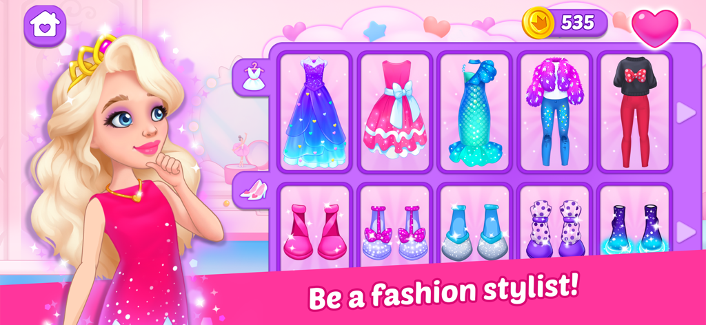 Doll Dream house! Life games! - A cartoon girl choosing between different dresses and shoes in a fashion dress up game interface