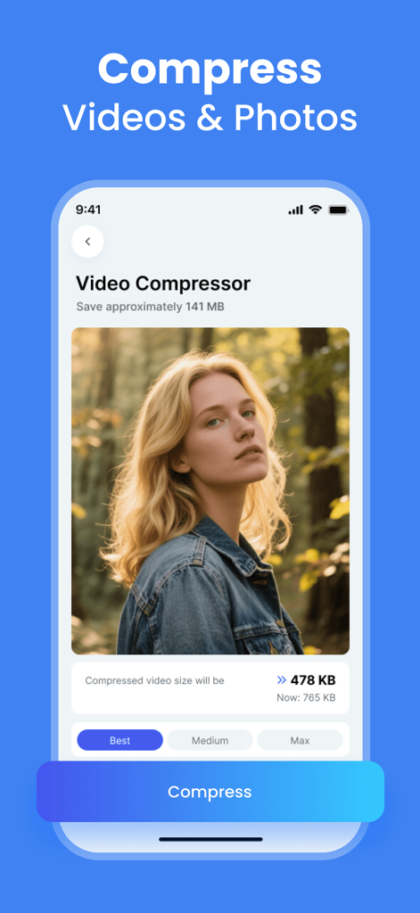 Cleaner AI - Free Up Storage - Screenshot of Cleaner AI app showing the video and photo compression tool to save phone storage