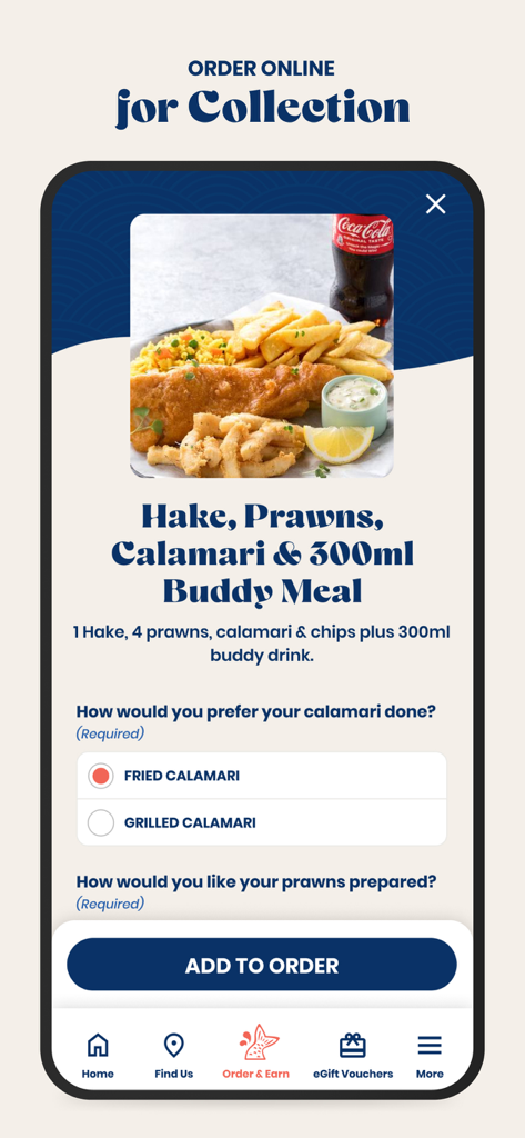 John Dory's - John Dorys app interface for ordering a seafood buddy meal.