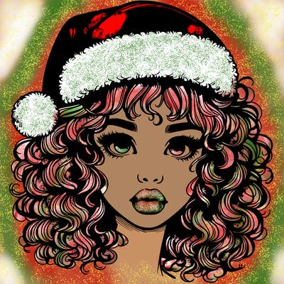 realistic girl with a santa hat curly hair and lips
