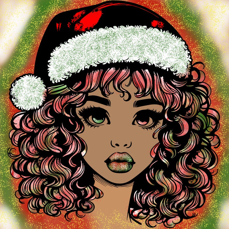 realistic girl with a santa hat curly hair and lips