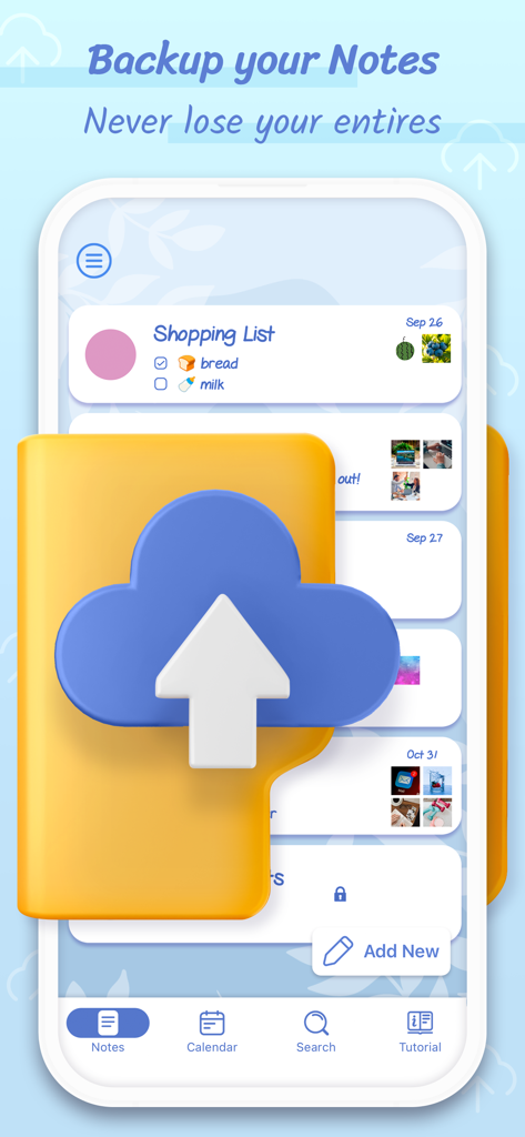 Color Notes With Lock & To Do - Una pantalla móvil que muestra la función de copia de seguridad en la nube para notas y listas de tareas con un gran icono de nube
