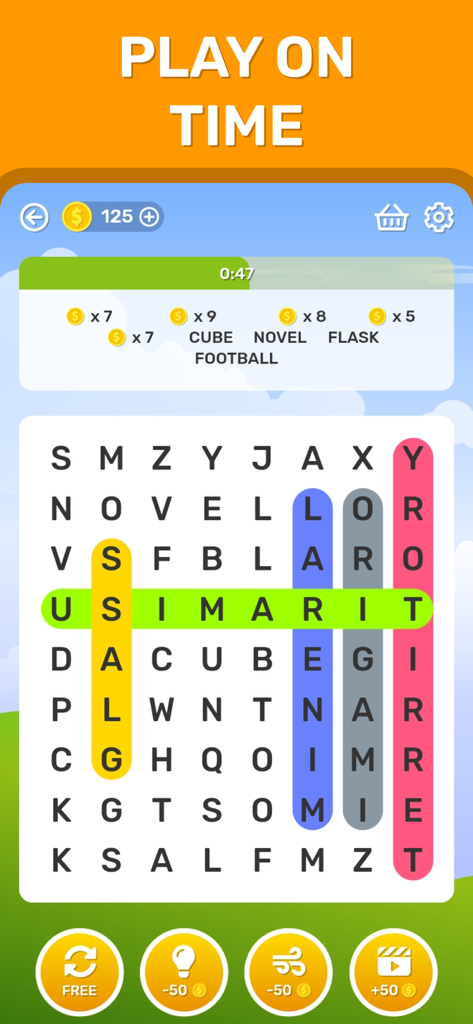 Word Search: Crossword Puzzle. - Pantalla de juego de Sopa de Letras Crucigrama con una cuadrícula de letras, palabras encontradas y un temporizador de cuenta atrás.