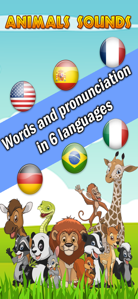 Aplicación educativa Nombres y Sonidos de Animales que muestra animales de dibujos animados y banderas de seis idiomas