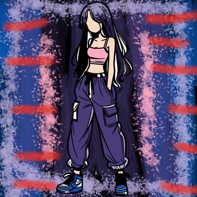 girl in baggy pants crop top and long hair