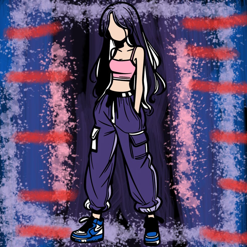 girl in baggy pants crop top and long hair