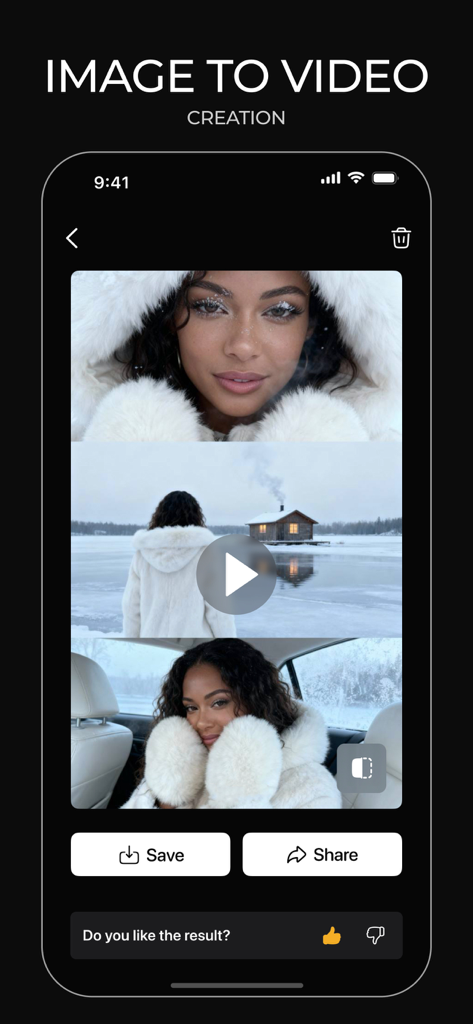 Voria: AI Video & Photo - Voria app interface showing a cinematic image to video conversion with aesthetic winter portraits.