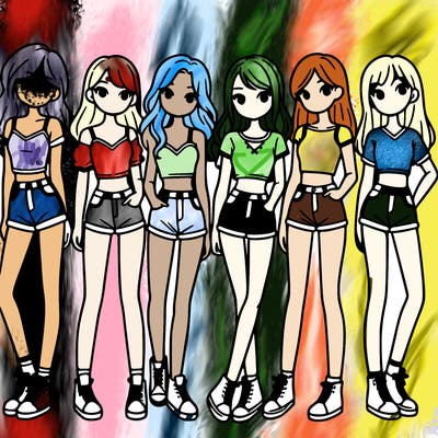 a group of girls wearing crop tops and shorts