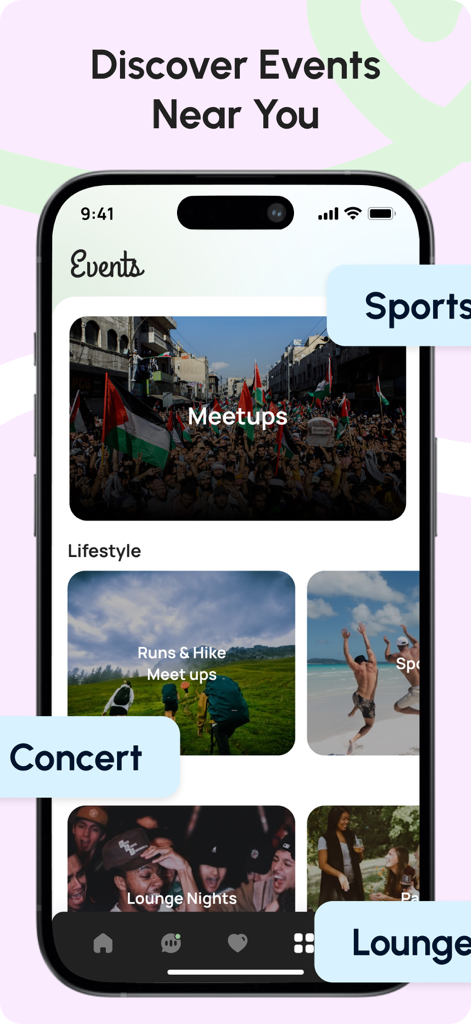 Olive: Dating, Friends, Events - Olive app interface displaying various local community events like meetups, hiking, and lounge nights for the MENA diaspora.