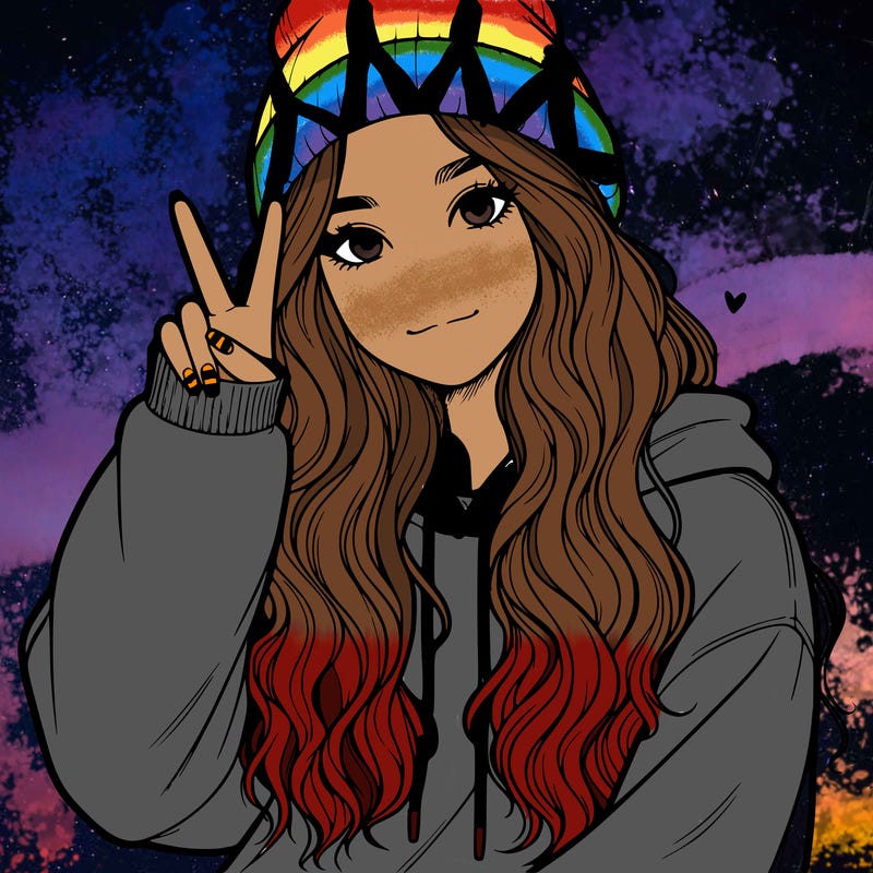 a teenage girl in a beanie, oversized sweatshirt, wavy long hair, and is showing a ✌️