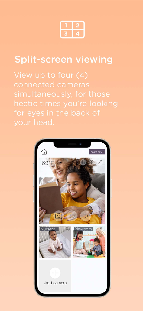 Motorola Nursery - Smartphone screen showing the Motorola Nursery app with multiple camera feeds in split screen mode