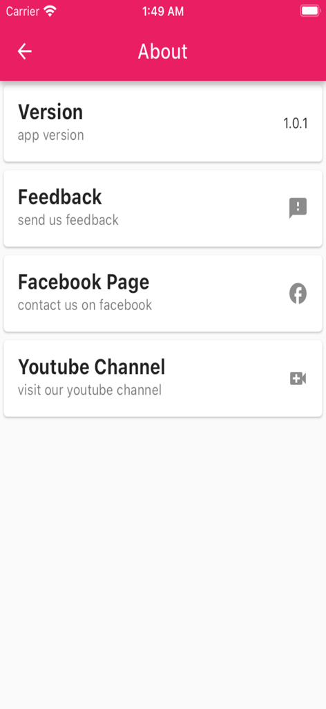 Mp3 to Mp4 Converterアプリの「アプリ情報」画面。バージョン情報とソーシャルメディアリンクが表示されています。
