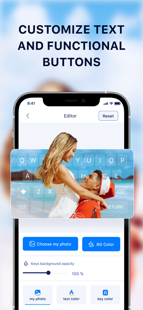 My Photo Background Keyboard - Un smartphone mostrando la pantalla del editor de una aplicación de teclado con opciones para personalizar los colores del texto y los botones sobre un fondo de foto.