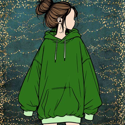 realistic girl with a oversized sweatshirt on and a bun