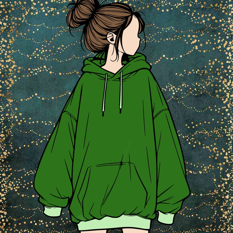 realistic girl with a oversized sweatshirt on and a bun