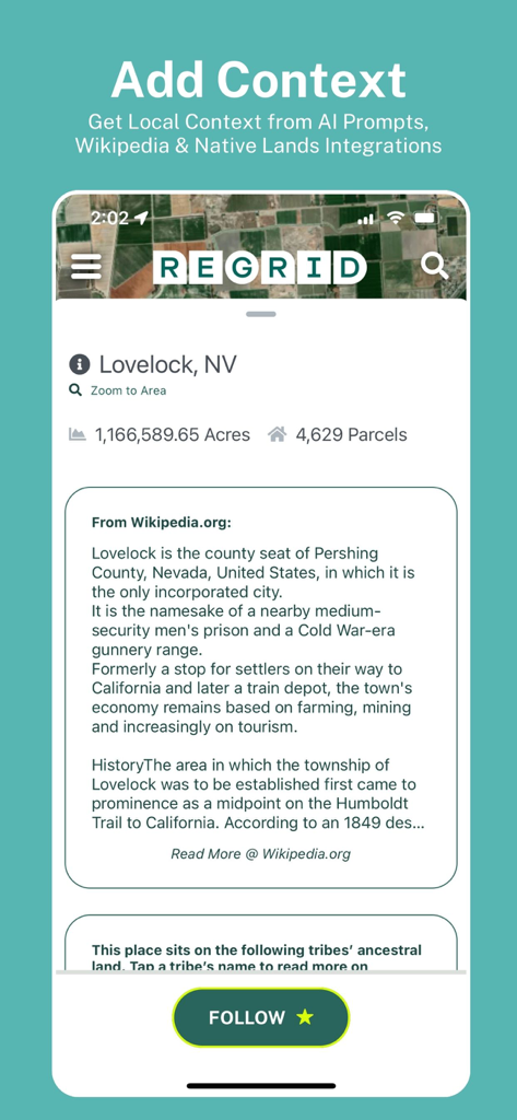 Interface de l'application Regrid affichant le contexte local et les informations Wikipedia pour Lovelock, Nevada