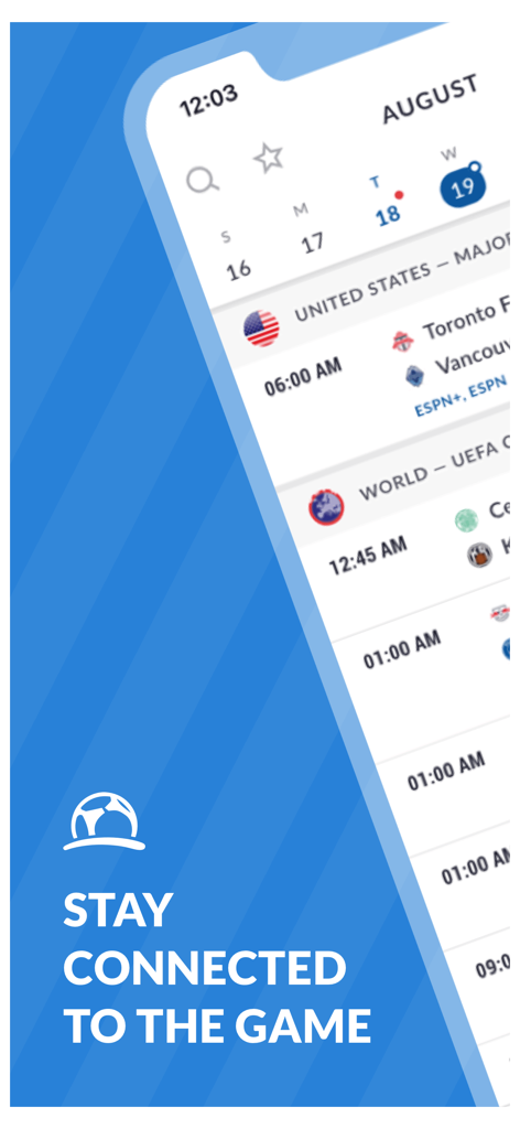 Live Soccer TV: Scores & Stats - Live Soccer TVアプリのインターフェース。MLSとUEFAチャンピオンズリーグのサッカー試合スケジュールが表示され、放送チャンネルも記載されています。