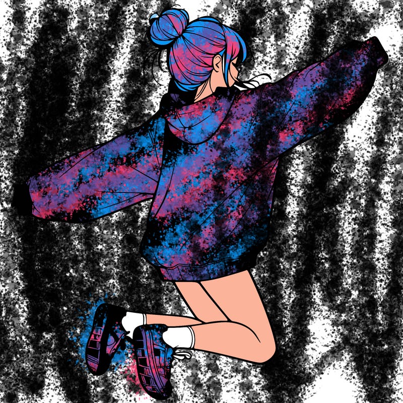 realistic girl jumping with a bun and oversized sweatshirt