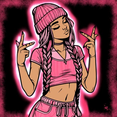 realistic teenage girl with braids and a beanie and crop top doing 🫶🏼