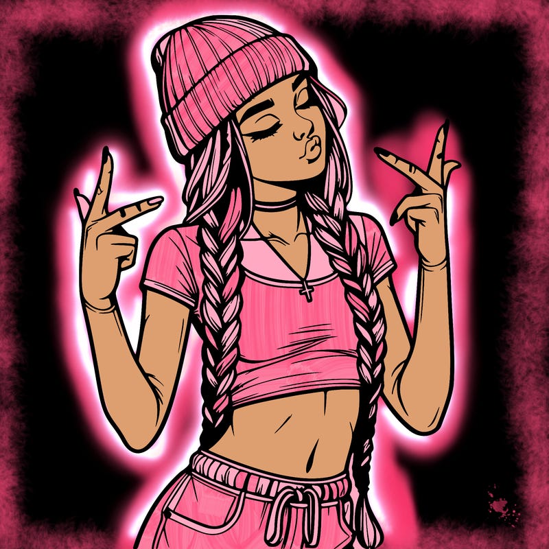 realistic teenage girl with braids and a beanie and crop top doing 🫶🏼