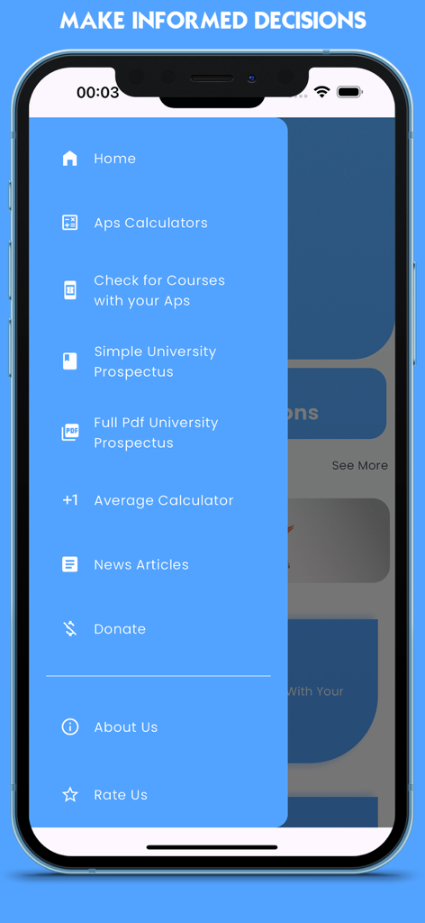 University Qualifications - Side navigation menu of the University Qualifications app showing academic tools like APS calculators and university prospectuses