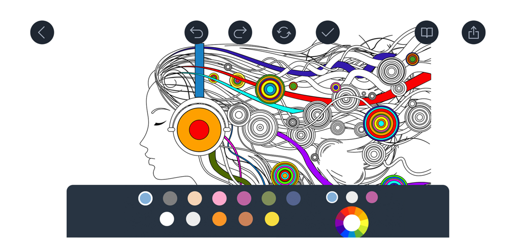 Drawing Pad - - Digital coloring book screen in Drawing Pad app with artistic woman portrait and color palette