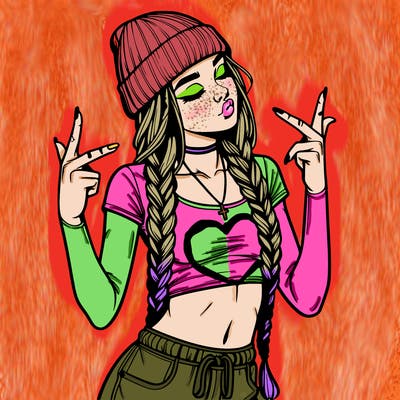 realistic teenage girl with braids and a beanie and crop top doing 🫶🏼