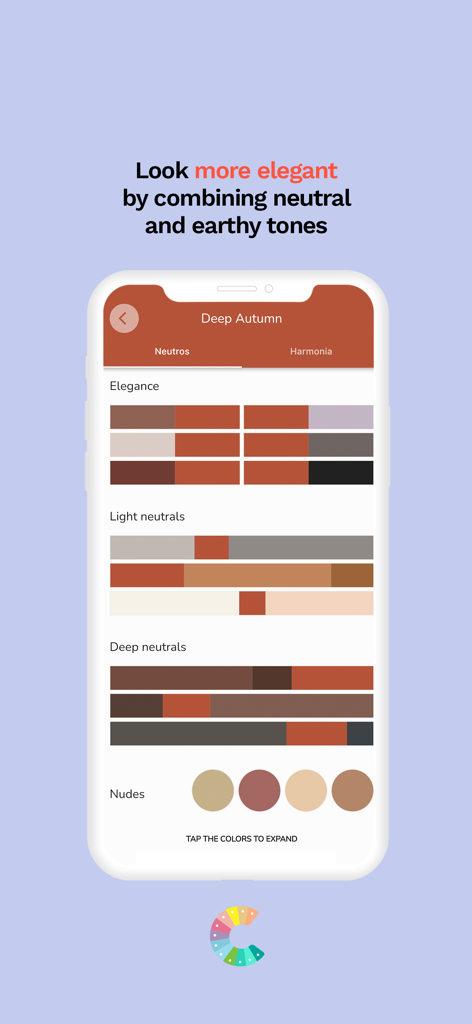 ColorApp interface showing Deep Autumn color palettes for neutral and earthy tones
