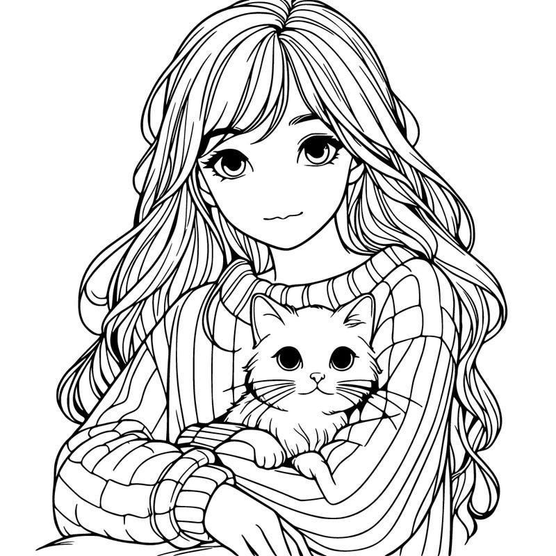 a realistic girl with a cat in her lap