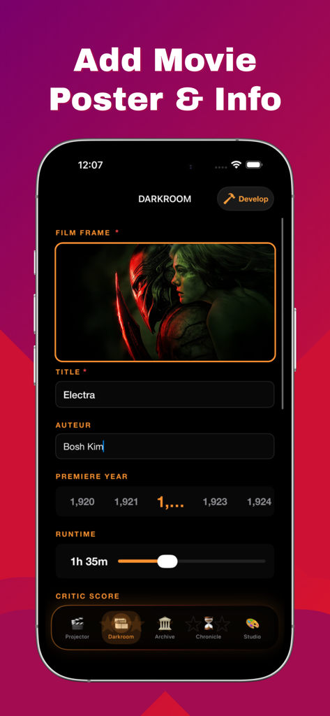 Movies Box 2026 - Interface do aplicativo Movies Box 2026 mostrando a tela Darkroom para adicionar um pôster de filme e detalhes do filme como título e autor