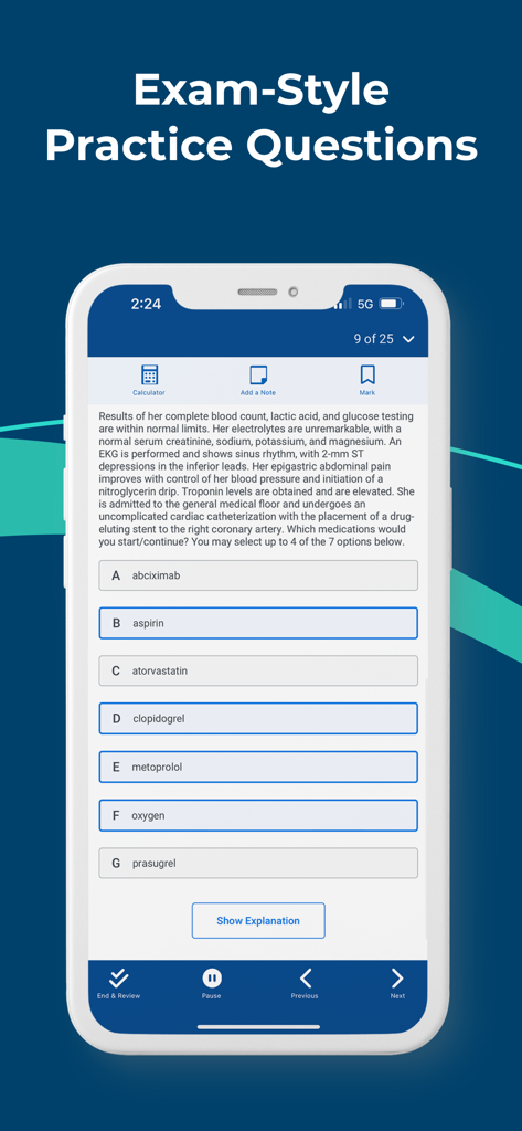 TrueLearn app displaying a medical exam-style practice question with a clinical case study and multiple-choice options