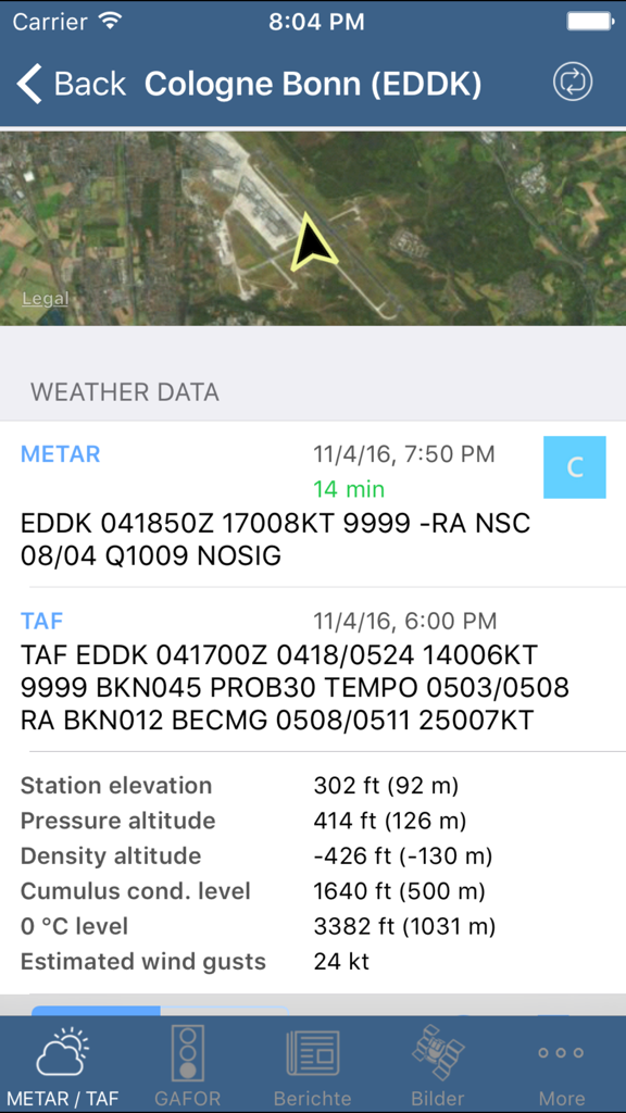 Aviation weather - Aviation weather app interface showing METAR and TAF data for Cologne Bonn airport with a satellite view map