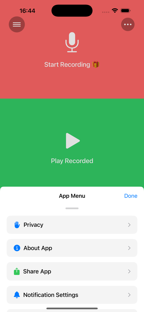 Reverse Audio Singing Trend - L'interfaccia utente dell'app Reverse Audio Singing Trend che mostra la schermata di registrazione e riproduzione con il menu delle impostazioni sovrapposto