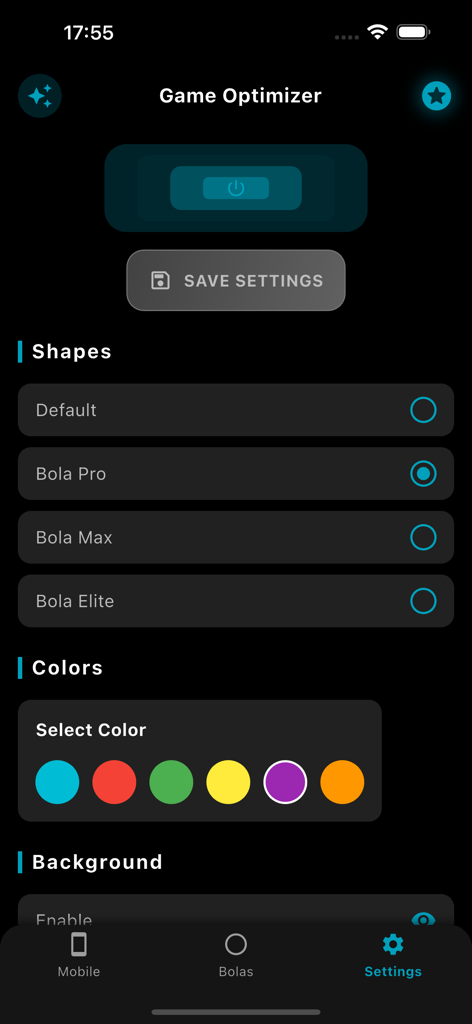 Pantalla de configuración del Optimizador de Juego para personalizar las formas y colores de la mira bola.