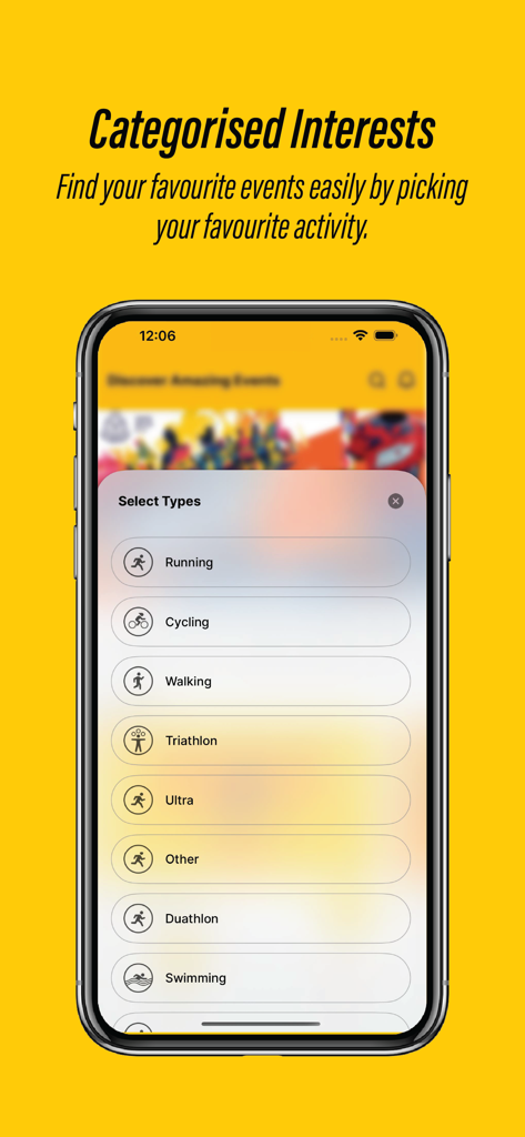 Ecrã da app HeyJom mostrando interesses de fitness categorizados para eventos desportivos como corrida e ciclismo