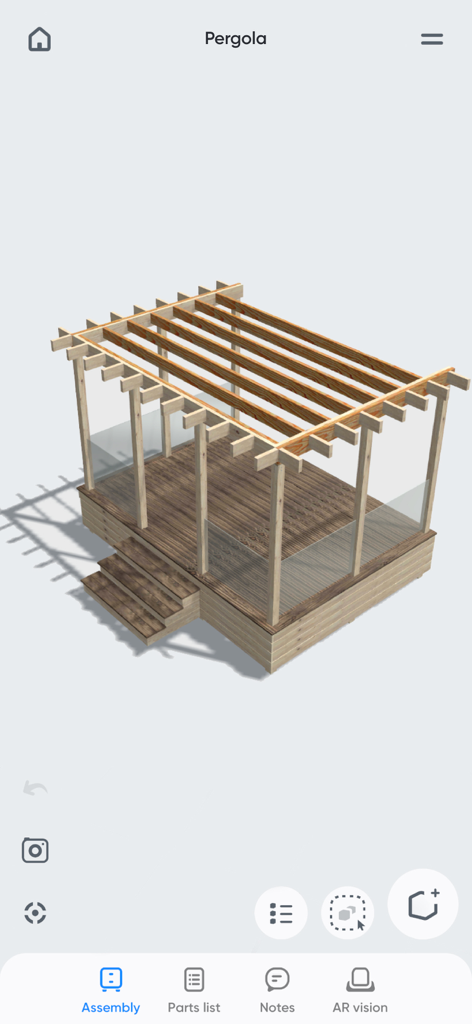 Modello 3D di una pergola in legno nell'app di modellazione mobili Moblo