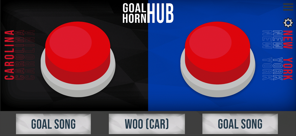 Goal Horn Hub - Dual goal horn button interface featuring Carolina and New York team layouts in the Goal Horn Hub app