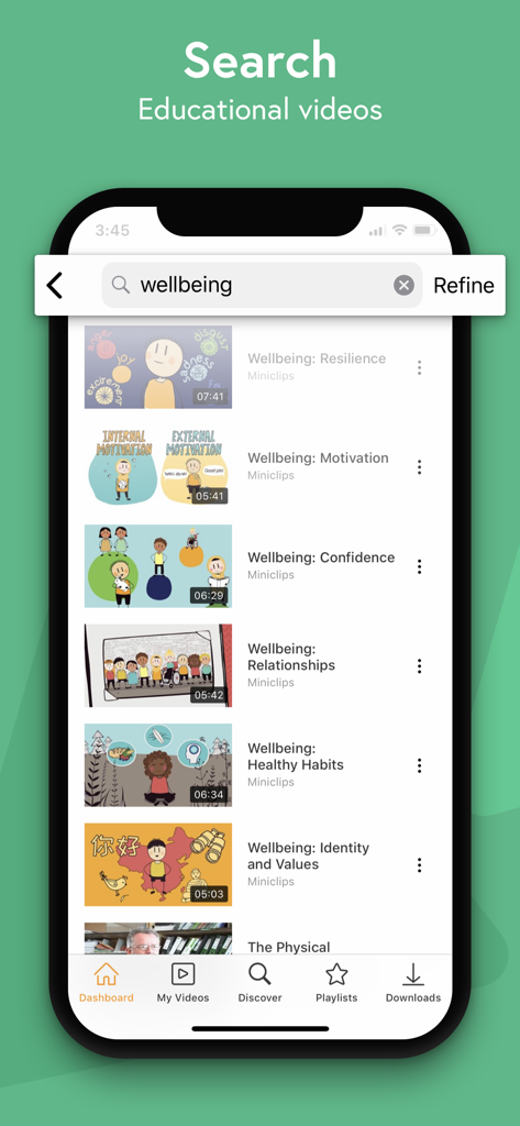 ClickView app interface showing search results for wellbeing educational videos