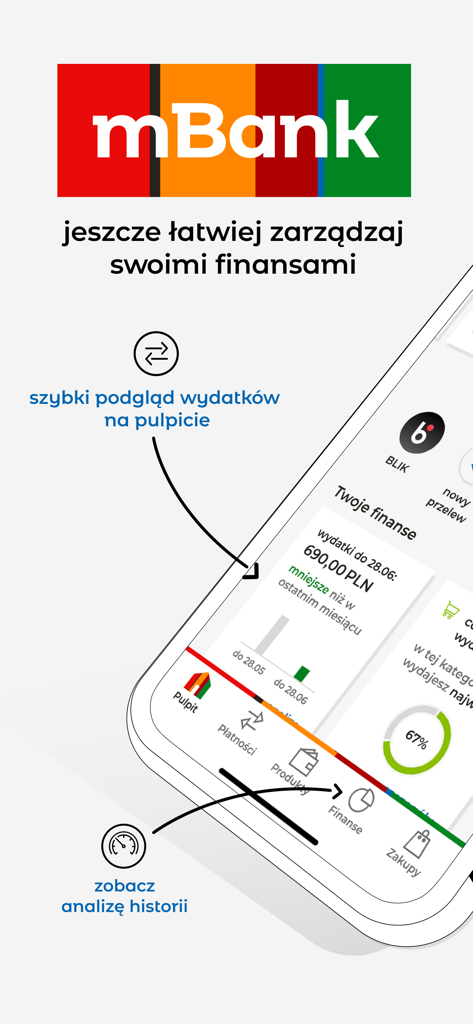 mBank PL - Twój bank i finanse - mBank PL mobile banking app dashboard showing expense management and financial analysis tools