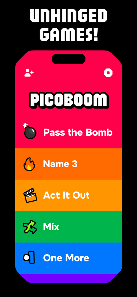 The main menu of the Picoboom app showing various game modes like Pass the Bomb and Act It Out with colorful buttons.