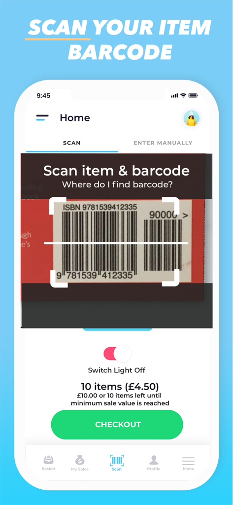 Uma tela de celular mostrando o recurso de scanner de código de barras para vender livros usados por dinheiro.