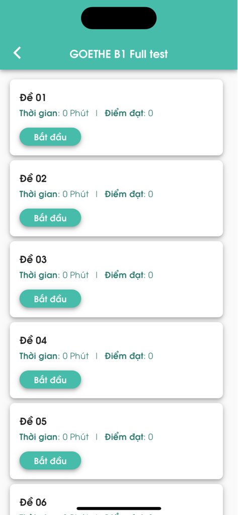Lista de pruebas de práctica completas para el nivel B1 de Goethe en la interfaz de la aplicación de aprendizaje de alemán Migii