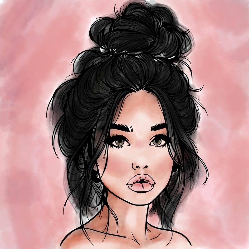 realistic girl with a messy bun and she has lips