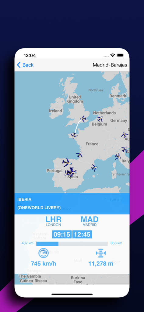 Iberia flight radar showing live aircraft tracking and route details