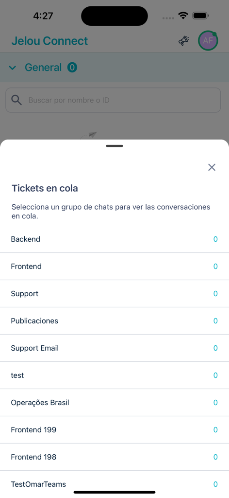 Jelou Connect - Jelou Connect mobile interface showing a list of customer support ticket queues by department