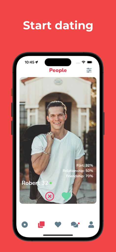 Youwibe - Dating App & Flirt - Youwibe dating app interface showing a male user profile with compatibility percentages for flirt relationship and friendship.
