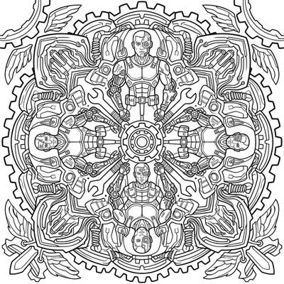 Dive into the futuristic world of this mesmerizing Industrial Cyborg Mandala coloring page, where powerful human-machine hybrids are woven into intricate geometric patterns. This unique design offers a captivating blend of advanced technology and spiritual artistry, perfect for a relaxing and imaginative coloring experience.