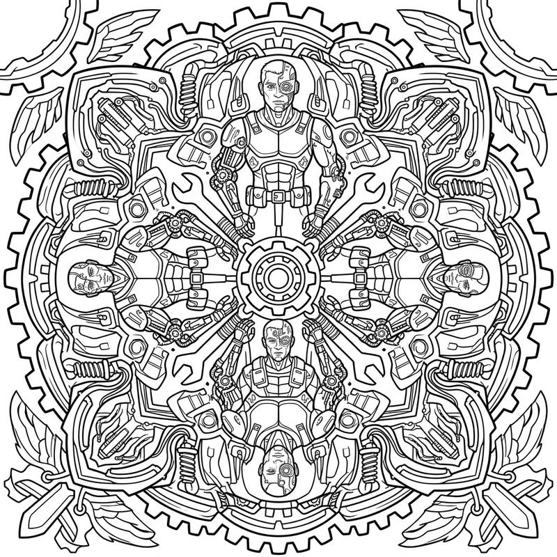 Dive into the futuristic world of this mesmerizing Industrial Cyborg Mandala coloring page, where powerful human-machine hybrids are woven into intricate geometric patterns. This unique design offers a captivating blend of advanced technology and spiritual artistry, perfect for a relaxing and imaginative coloring experience.