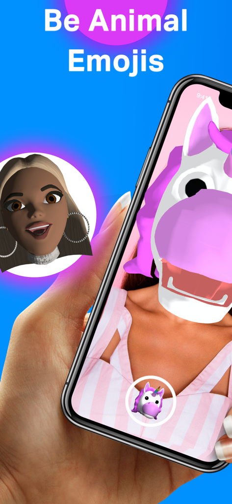 Emoji Maker: Stickers & Gif - Un utente applica una maschera facciale animata 3D di unicorno con l'app Emoji Maker